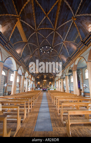 Chiloe Island, Chile: interior of a church in Achao Quinchao, the oldest church on Chiloe and a World Heritage Site. Interior Stock Photo