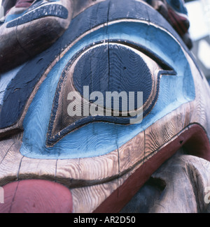 Close up photograph of eye detail on artist Bill Reid HAIDA totem pole in Vancouver British Columbia Canada  KATHY DEWITT Stock Photo