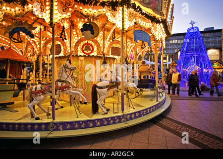 historical carousel on Christmas market in citycenter, Germany, North Rhine-Westphalia, Ruhr Area, Essen Stock Photo