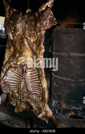 Lamb meat grilled over a barbeque or 'asado,' Torres del Paine National Park, Patagonia, Chile, South America. Stock Photo