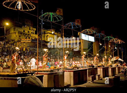 Ganga aarti ceremony. Dasaswamedh Ghat. Ganges river. Varanasi. India Stock Photo