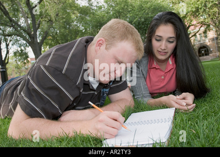 Young man and woman studying together Stock Photo