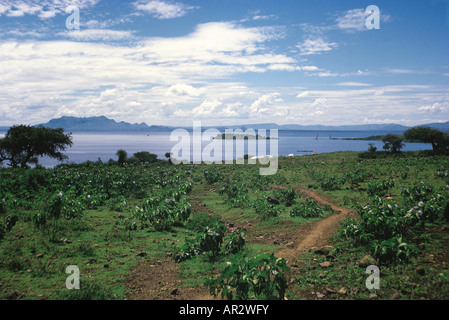 The Winam or Kavirondo Gulf of Lake Victoria with Homa Mountain on the left in the distance Kenya East Africa Stock Photo
