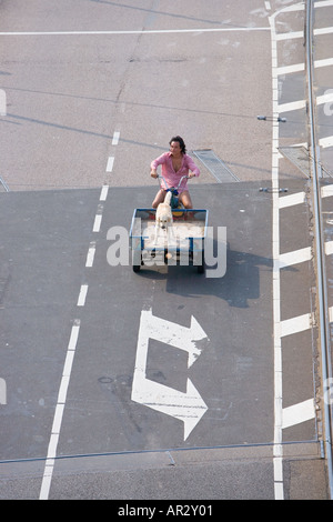 HOLLAND AMSTERDAM MAN DRIVING HIS DOG IN A CARGO MOTOR CYCLE OVER TWO WHITE ARROWS PAINTED ON THE ROAD Stock Photo