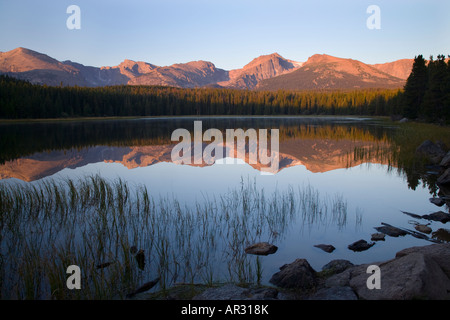 peaks of the Continental Divide reflected in Bierstadt Lake, Rocky Mountain National Park, Colorado, United States Stock Photo