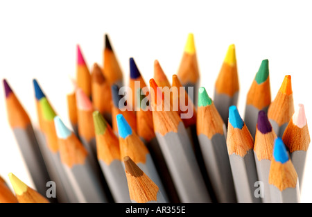 Close up of Coloured pencil crayon pencils on white background Stock Photo