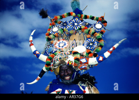 Zulu man posing with traditional headdress, Durban, Kwazulu Natal, South Africa, Africa Stock Photo