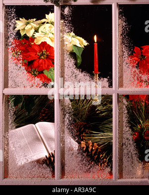 Christmas still life showing a frosted window with a bible candle poinsettias and pine branches inside Stock Photo