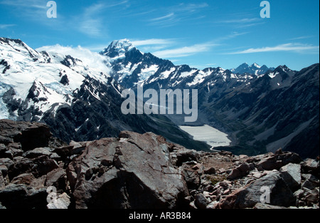 View from Mueller Hut towards Hooker Valley and Mt Cook New Zealand Stock Photo