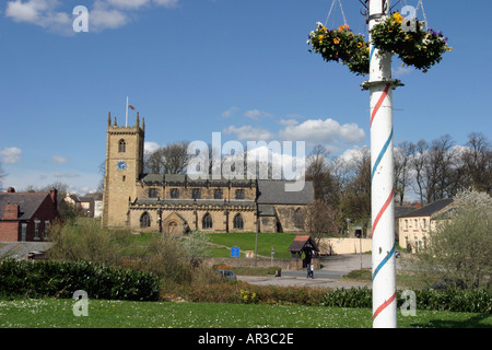 Parish Church at Rothwell Leeds taken from Butter Cross and stocks with Maypole in foreground Stock Photo