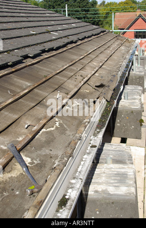Roof repair required to under felt & battens below eaves tiles on detached house where felt has deteriorated at gutter line Stock Photo