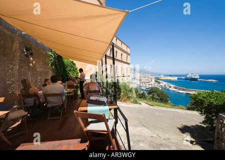 Cafe and view over the  Vieux Port from the Citadelle, Terra Nova, Bastia, Corsica France Stock Photo