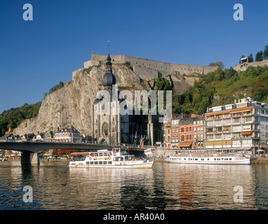 16th C Citadel River Meuse Dinant Belgium with pleasure boats Stock Photo