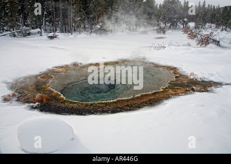 Yellowstone National Park in winter snow hot spring pool at Castle Geyser Stock Photo