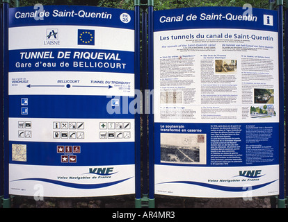 St Quentin canal information board, France. Stock Photo
