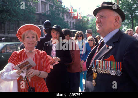 Old soldier wearing a war veteran wearing his medals at Trooping the Colour London England 1980s 1985 UK HOMER SYKES Stock Photo