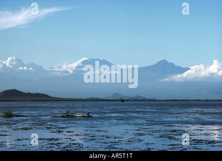 Snow capped Kilimanjaro and Mawenzi seen from Lake Jipe Tsavo West National Park Kenya East Africa Stock Photo