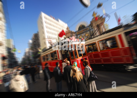 ISTANBUL, TURKEY. Taksim to Tunel trams on the shopping thoroughfare of Istiklal Caddesi in Beyoglu district. 2007. Stock Photo