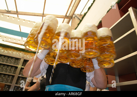 Waitress dressed in dirndl serving Liter glasses of beer in Oktoberfest Theresienwiese Munich Bavaria Germany Stock Photo