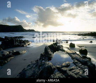 A view looking out to sea from the beach at Traeth Llyfn in South Wales Stock Photo