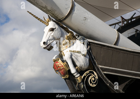 H.M. Frigate UNICORN figurehead, masthead ship bow, vessel, in Victoria Dock, Dundee Tayside, Scotland. The World's oldest Georgian Wooden Warship, UK Stock Photo