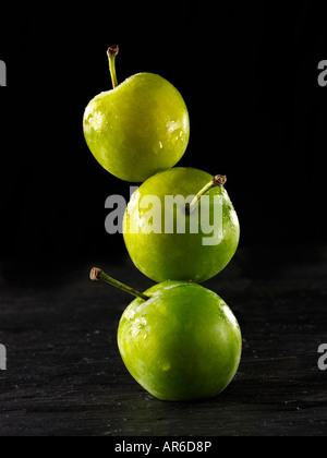 Pile of fresh organic Greengage green plums against a black background Stock Photo