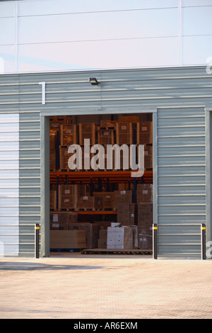 Close-up of a loading bay of a distribution warehouse showing stacked-up crates Stock Photo