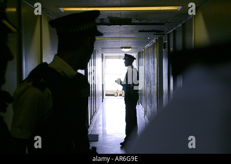 Community Support Officers in a corridor outside a flat in a council estate just raided for drugs, East London, UK Stock Photo