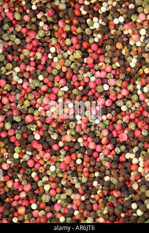 red black white pepper corns corm seed husk skin whole unground uncrushed round sphere globe spherical wrinkle texture pile Stock Photo
