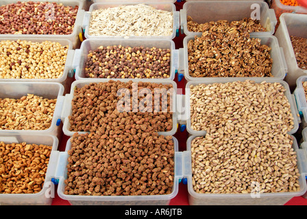 Various nuts almond pistachio cashew market stall seed food organic natural unshelled cook cookery consume taste kernel seed hea Stock Photo