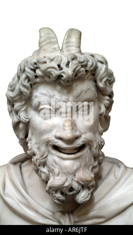 Pan Greek god goat horn head shoulder bust curly curl beard hair white marble carve expression expressive open mouth Stock Photo