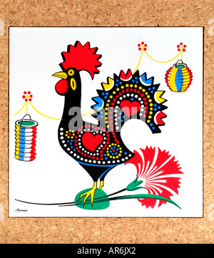 cockerel Barcelos Ceramic square tile glazed square red black white Portugal Portuguese portrait life