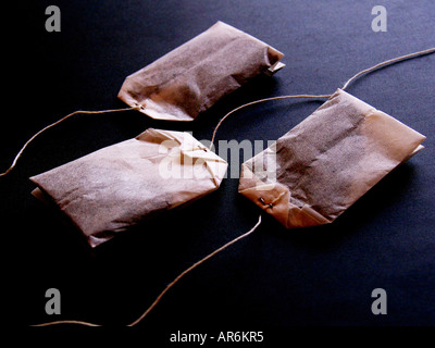 Three fresh teabags in soft dreamy light and subtle color. Stock Photo