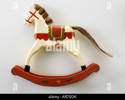 hand made  festive wooden rocking horse Christmas decoration Stock Photo