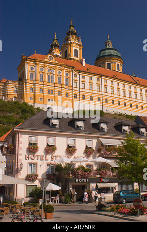MELK AUSTRIA Stift Melk Benedictine abbey rises above a hotel in Melk in the Danube River Valley Stock Photo