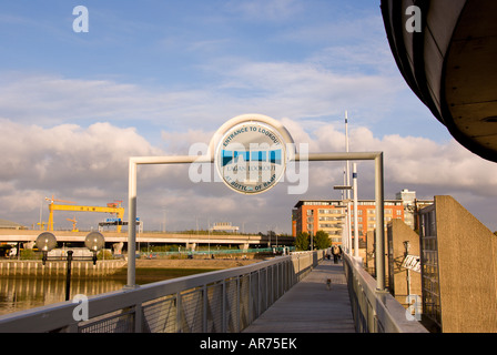 Lagan Weir,  Belfast, n Northern Ireland, blue sky background bs sun s bridge to lagan lookout vertical vert v m tim timothy oke Stock Photo