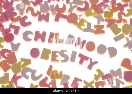 Childhood obesity spelt out using ABC sweets. Stock Photo