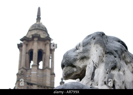 A weathered stone lion outside the Leeds City Hall in Leeds UK December 12 2007 Stock Photo