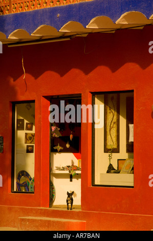 Mexico Nayarit Village of Sayulita near Puerto Vallarta on the Pacific Ocean   colorful art gallery with Chihuahua at doorway Stock Photo