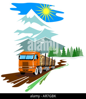 Logging truck with mountains in the background Stock Photo