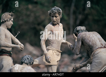 Tarahumaran Indians white painting themselves with lime On Easter Day Sierra Madre Mountains, Chihuahua State, Mexico. Stock Photo