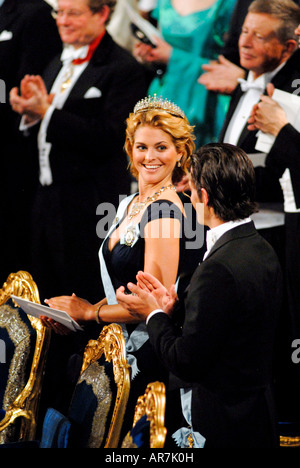 Princess Madeleine smiles at her brother prince Carl Philip during Nobel Prize award ceremony in the Stockholm Concert Hall Stock Photo