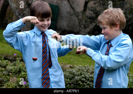 boys playing conkers Stock Photo