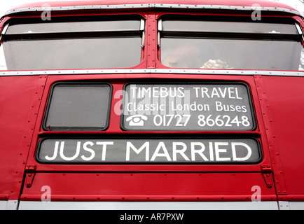 Just Married sign on private hire wedding bus in London Stock Photo