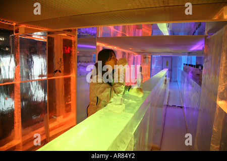 The Ice bar in the Kube Hotel in Paris The temperature is kept at 10 degrees to stop the ice melting Stock Photo