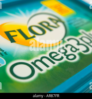 CLOSE UP OF LID OF FLORA OMEGA THREE MARGARINE TUB Stock Photo