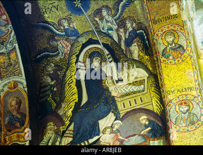 Mosaic nativity scene in the Nave vault of La Martorana Mediaeval church in the city of Palermo, Sicily, Italy Stock Photo