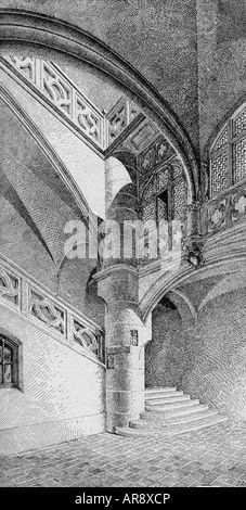 geography / travel, Germany, Munich, gastronomy, Hofbräuhaus, interior view, stairs, wood engraving, 1897, Stock Photo