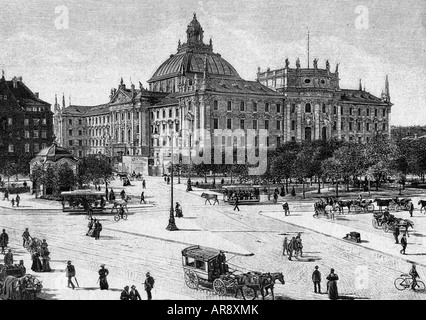geography/travel, Germany, Munich, Justizpalast, built 1890 - 1897, architect: Friedrich von Thiersch, exterior view, wood engraving, 1897, Palace of Justice, justice office, architecture, neo-baroque, neo baroque, traffic, Prielmayerstraße, Karlsplatz, Stachus, Bavaria, Europe, 19th century, historic, historical, people, Stock Photo