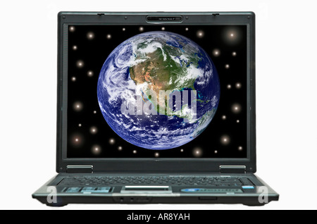 Laptop computer with globe on computer screen digital composite Stock Photo